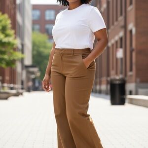 DKNY Wide Leg Cotton Pants Brown High Rise Trouser Size 14 NWT